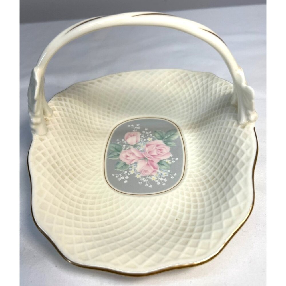 Vintage Mikasa Narumi Ivory Bone China Basket Rose Bouquet Design With Gold Trim